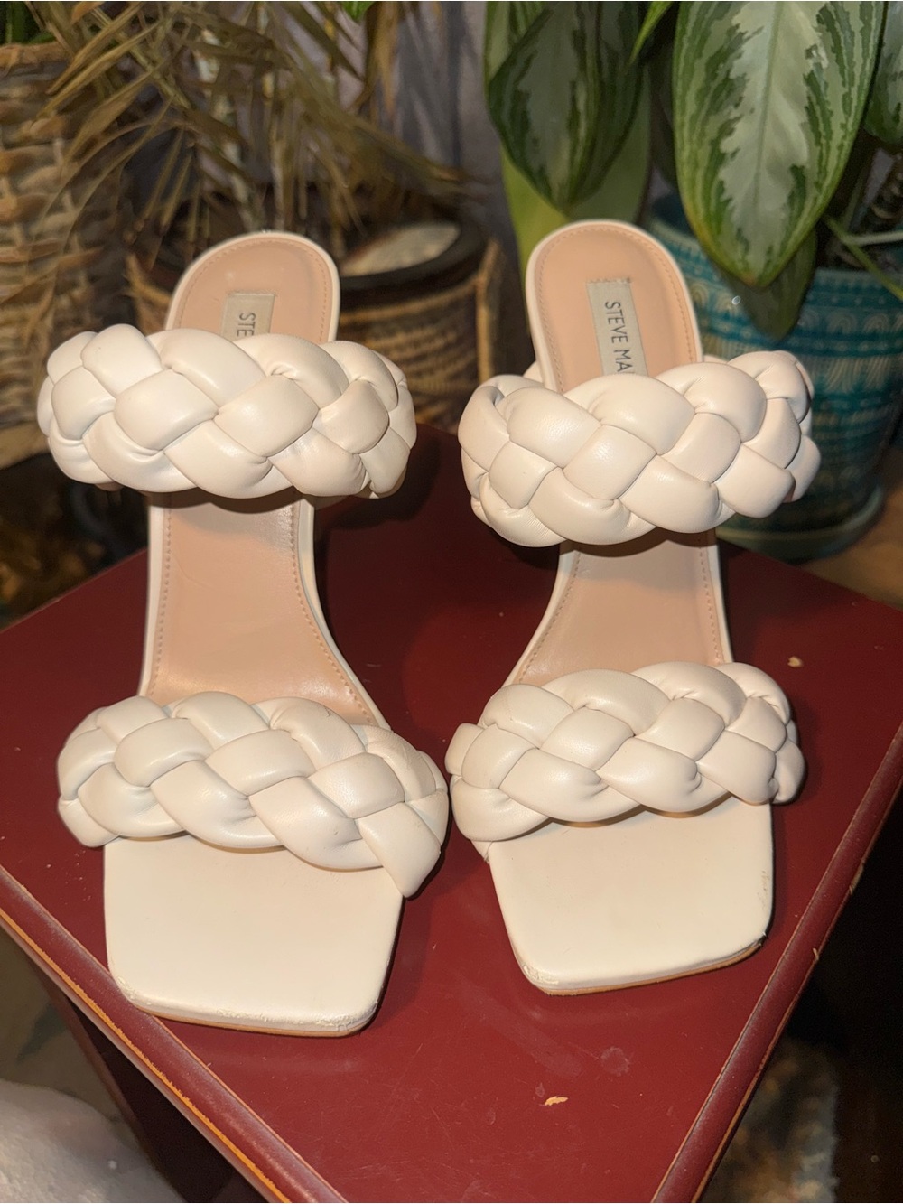 Steve Madden Braided Double-Strap Cream Block Heel Sandals